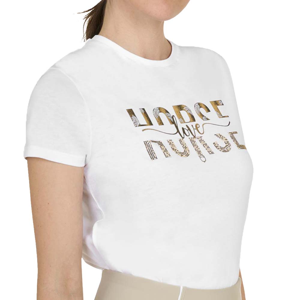 Equestro Women’s Cotton T-Shirt - gold print and rhinestones - 9872