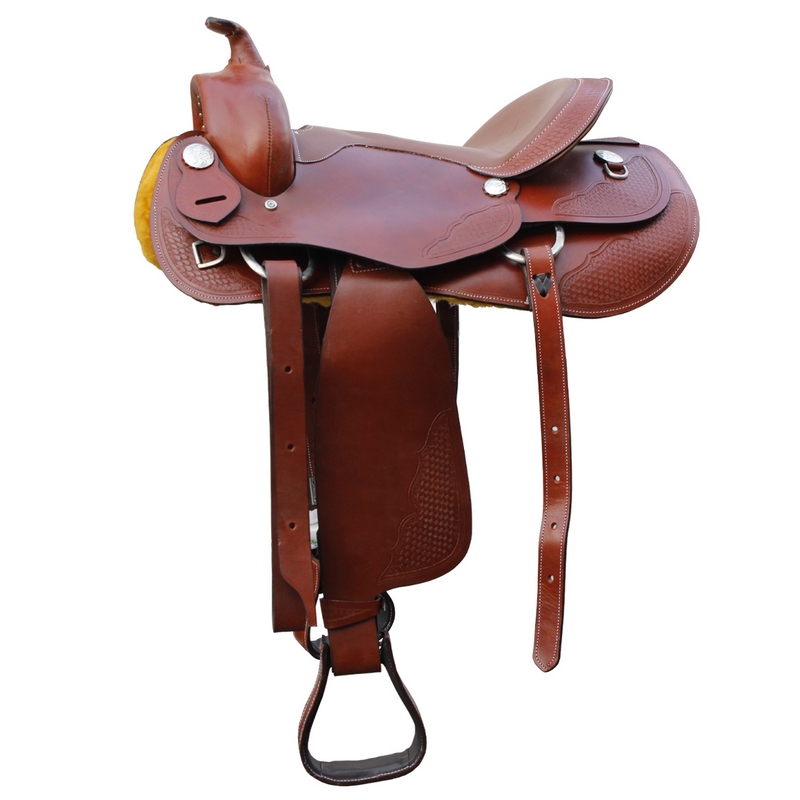 Western saddle 16'' semi quarter in leather with basket tooling