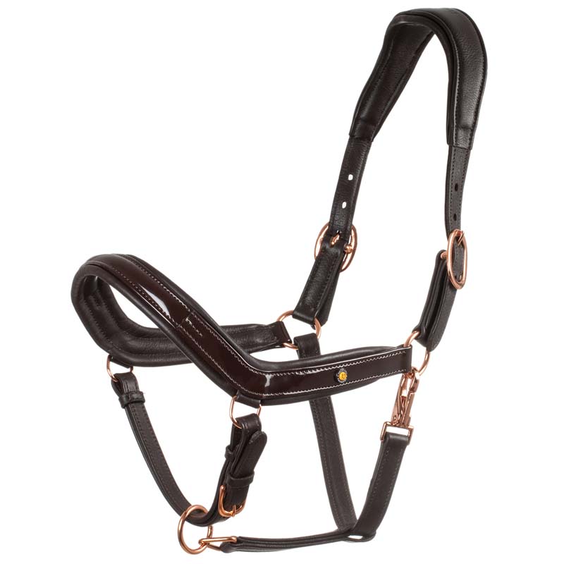 Equestro glossy leather halter with rose gold buckles - 0320