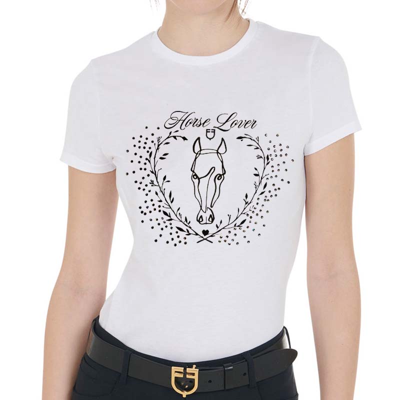 Equestro women’s cotton t-shirt with “horse lover” print and strass