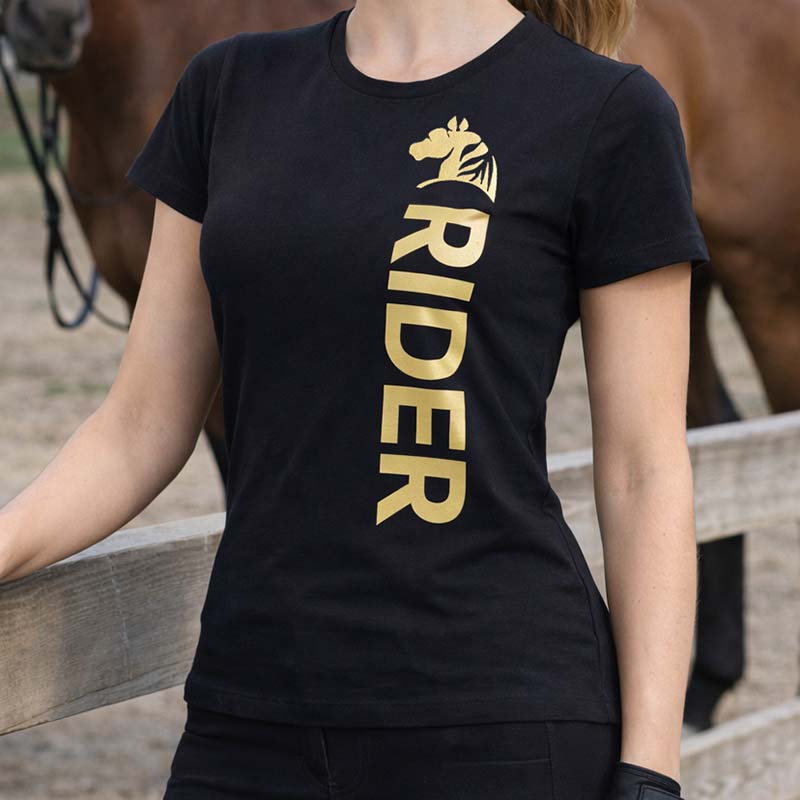 Women's Equestrian T-Shirt GOLDEN RIDER - black/gold print - 9394