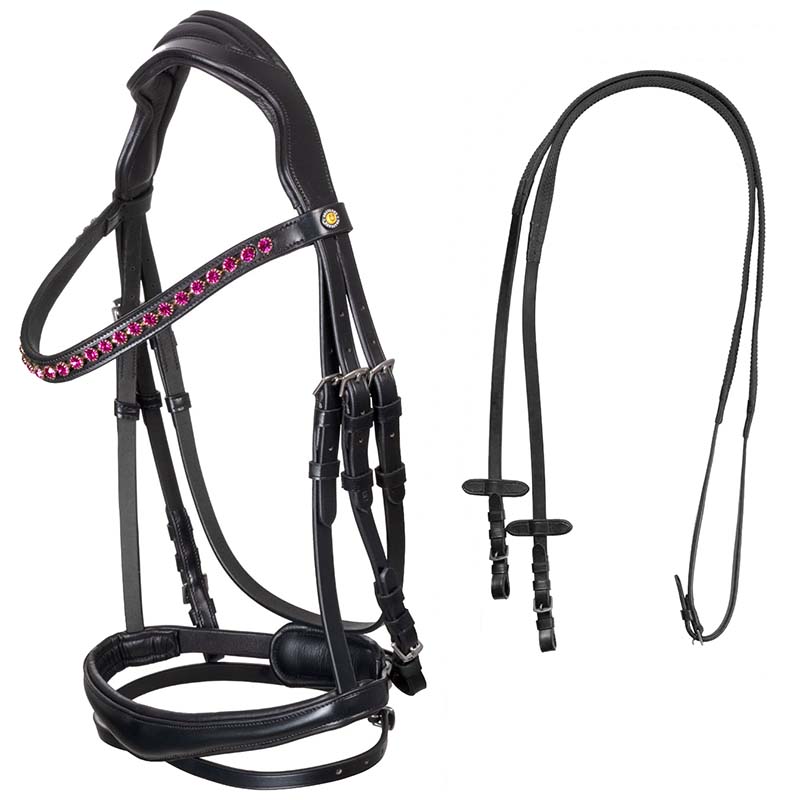 Equestro Anatomical English Bridle in leather w/Fuxia rhinestones 