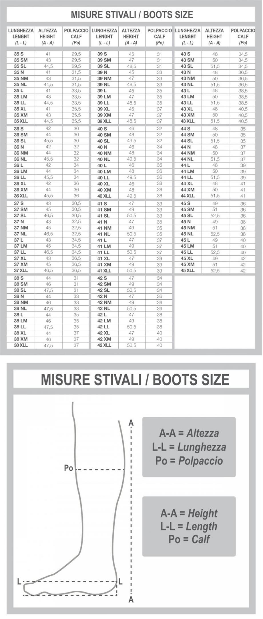 Animo Show Jacket Size Chart