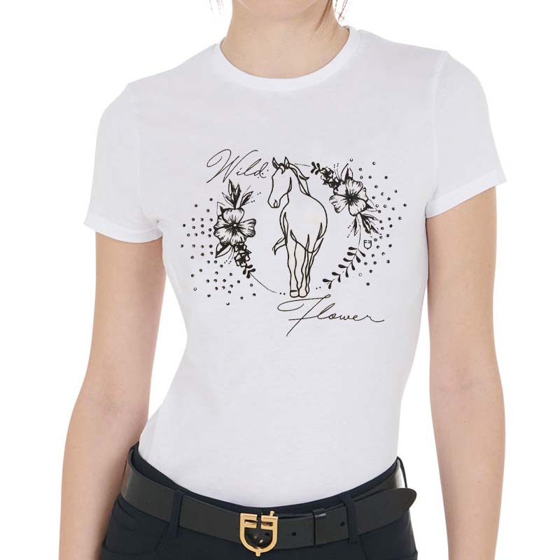 Equestro Women’s printed T-shirt in Cotton, floral horse design - 9747