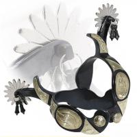BURNISHED IRON WESTERN SPURS WITH GERMAN SILVER APPLIQUES